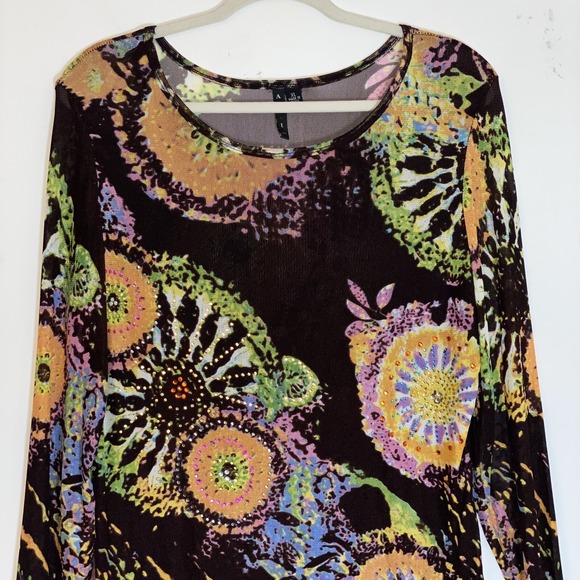 Azi Jeans Top Womens XL Brown Tie Dye 90s Y2K Mesh Beaded Sequin Sheer Grunge XL - Picture 2 of 14